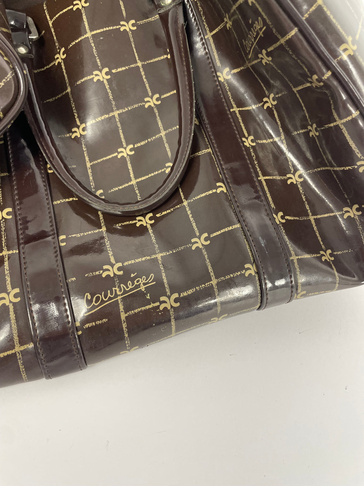 Courrèges 1980's Patent leather logo handbag