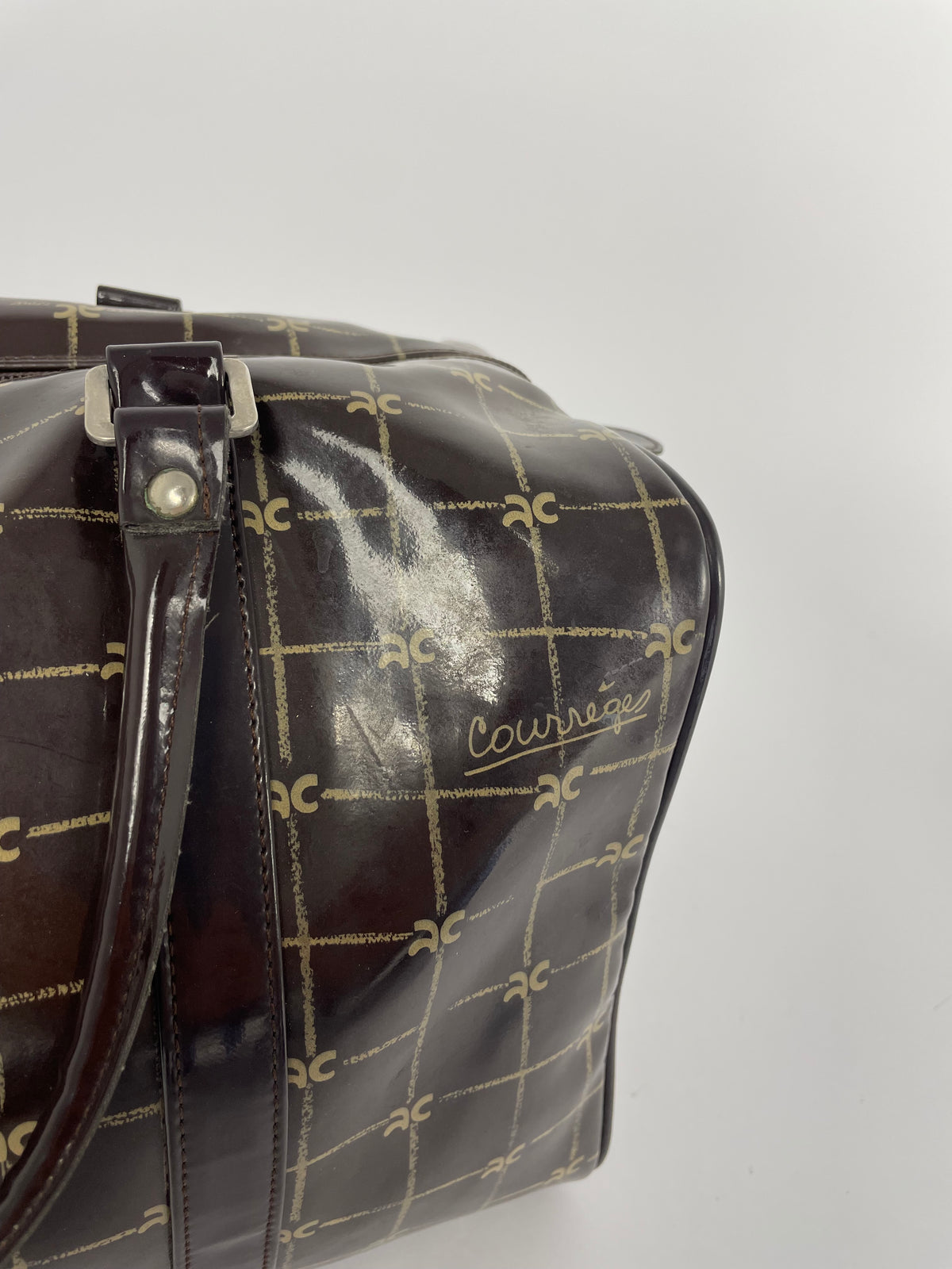 Courrèges 1980's Patent leather logo handbag