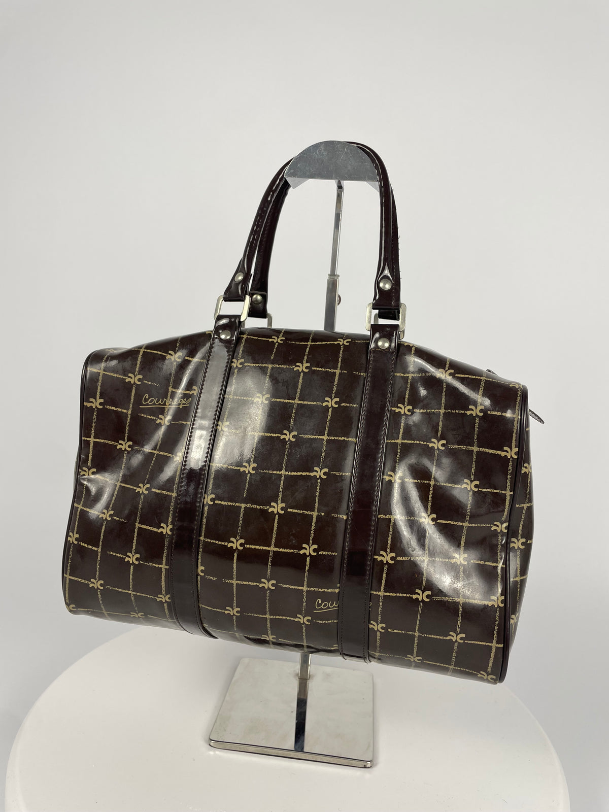 Courrèges 1980's Patent leather logo handbag