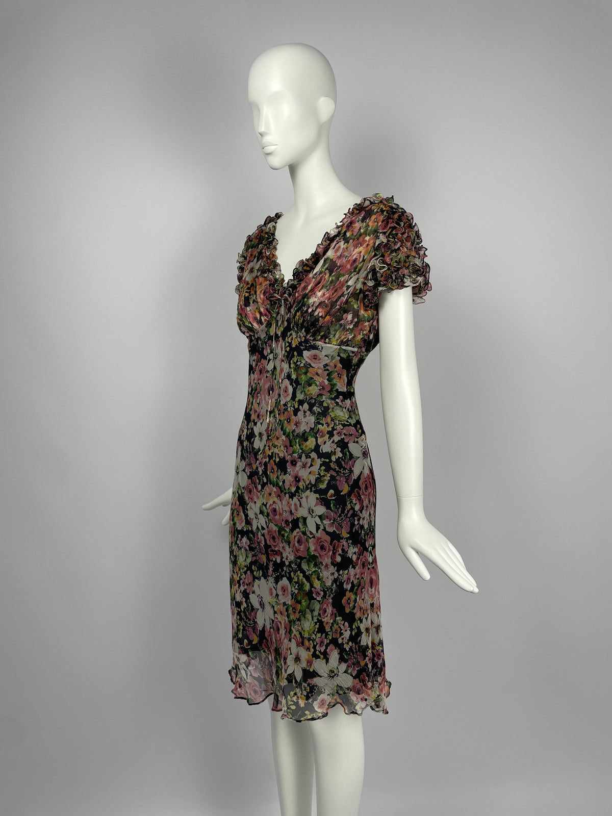 Georges Rech 1990's Flower print V neck dress