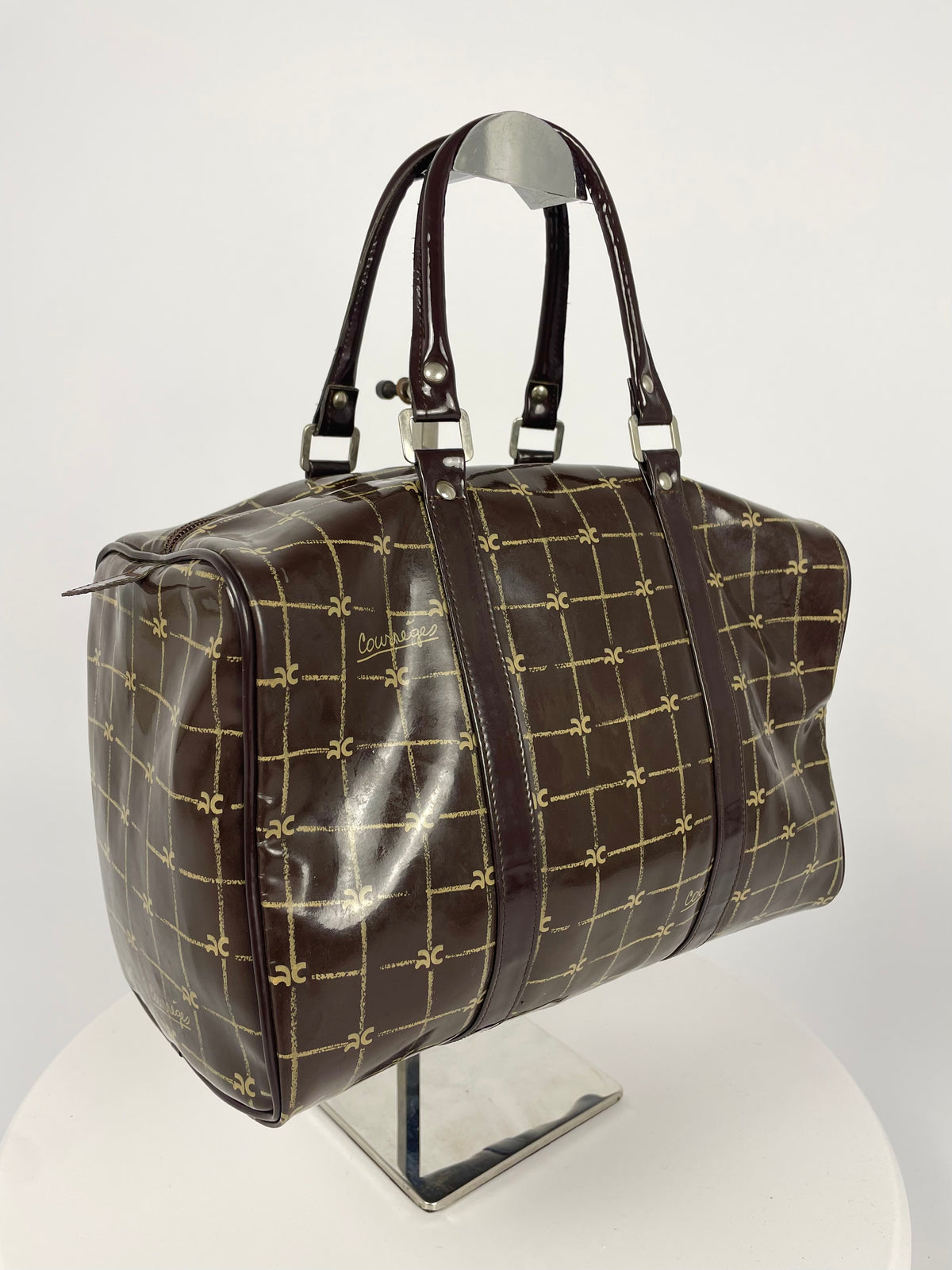 Courrèges 1980's Patent leather logo handbag