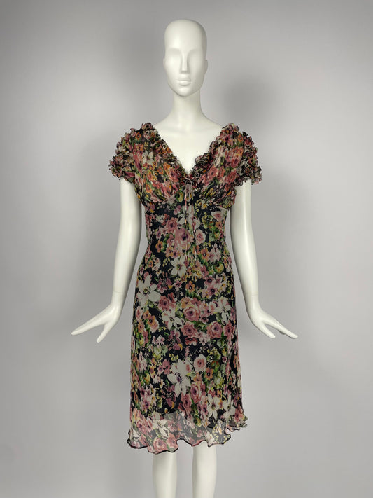 Georges Rech 1990's Flower print V neck dress