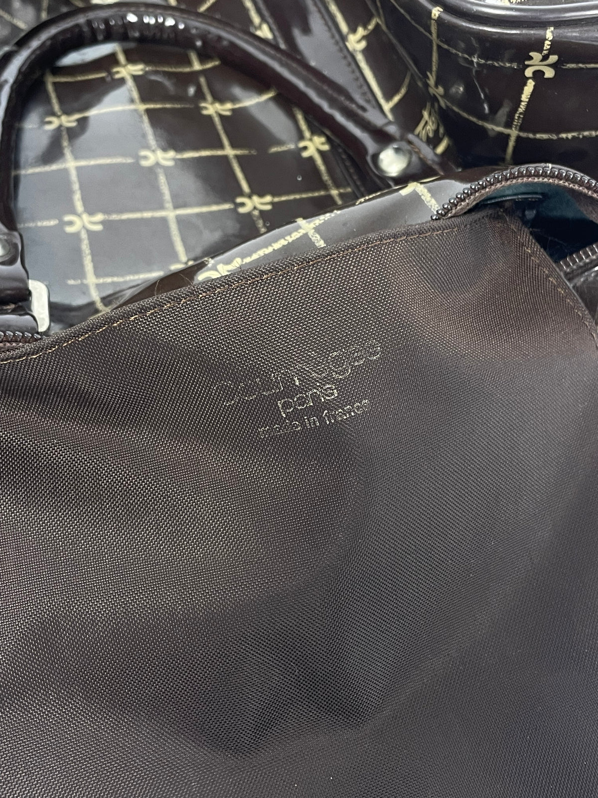 Courrèges 1980's Patent leather logo handbag