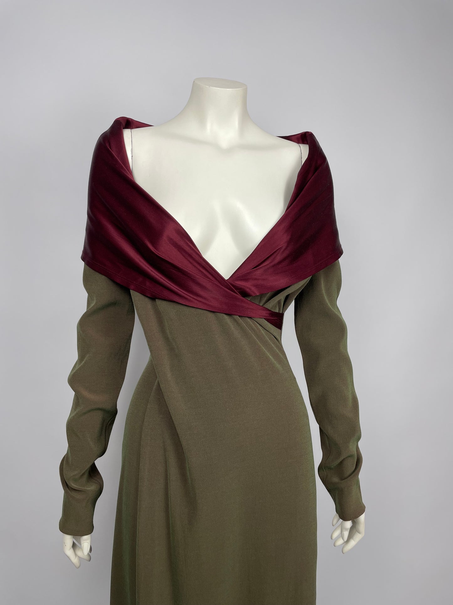 Jean Paul Gaultier 1990’s satin wide neckline gown.
