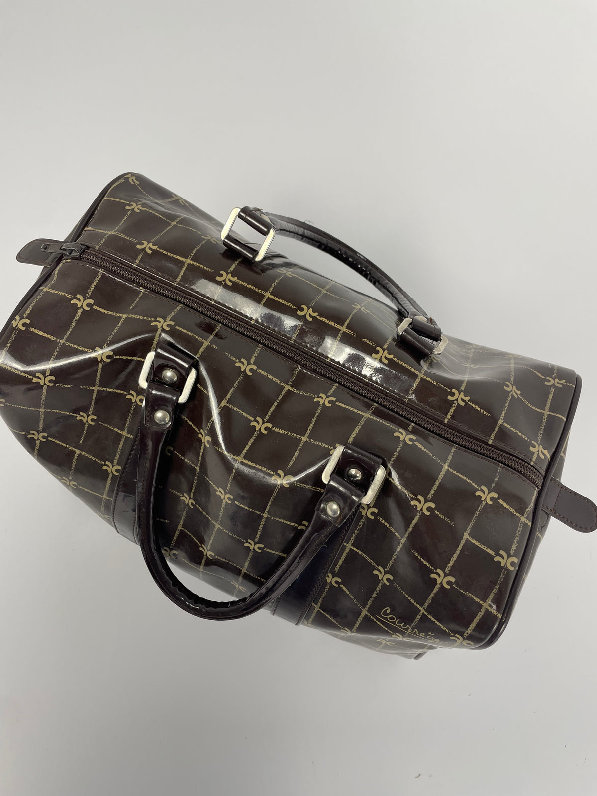 Courrèges 1980's Patent leather logo handbag