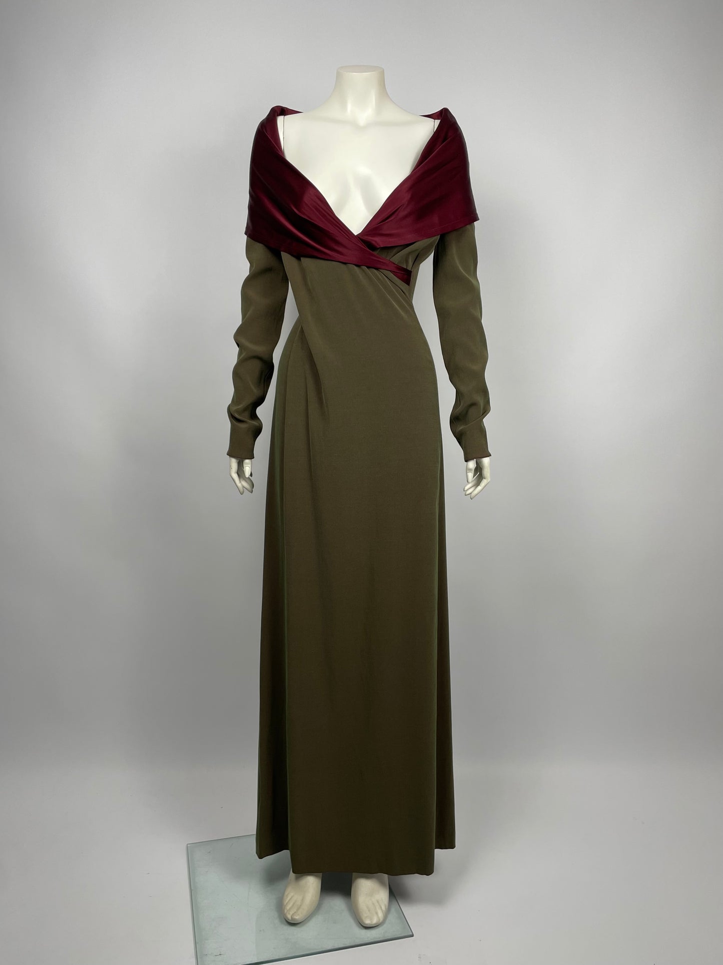Jean Paul Gaultier 1990’s satin wide neckline gown.