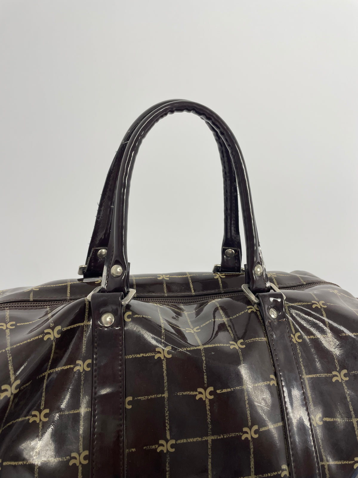 Courrèges 1980's Patent leather logo handbag
